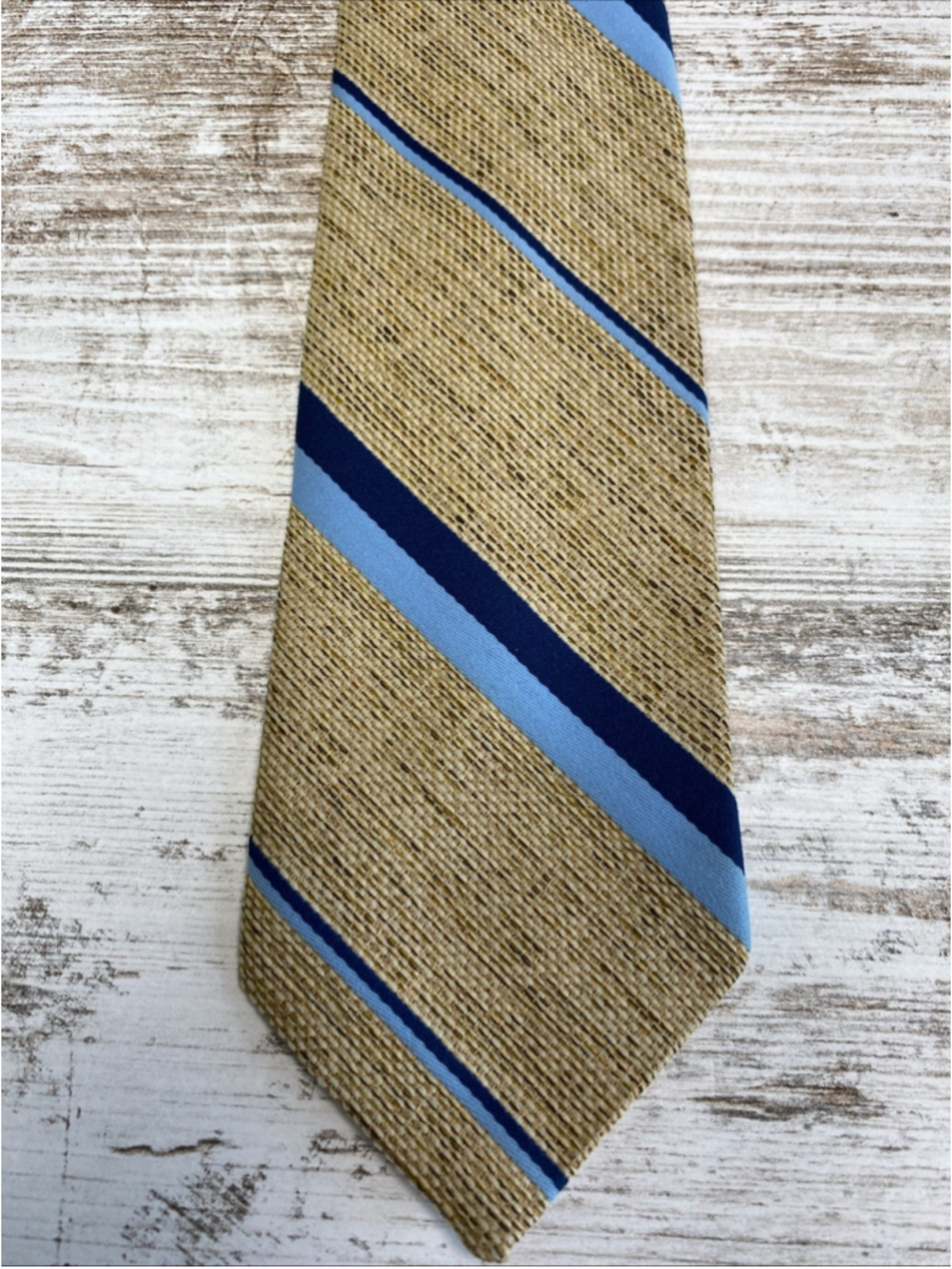 Vintage Wembley Tie Tan Blue Striped Textured Woven Retro Short Length 52 Inch